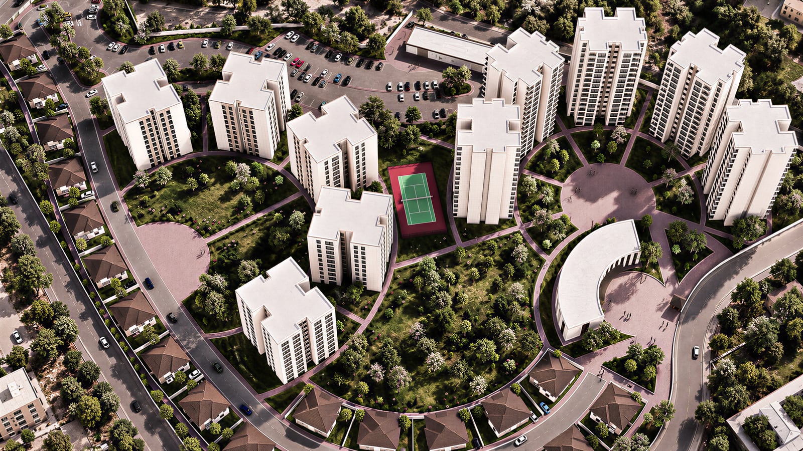 Yeşil bir daire ve tenis kortu etrafında dizilmiş kulelerin kuşbakışı