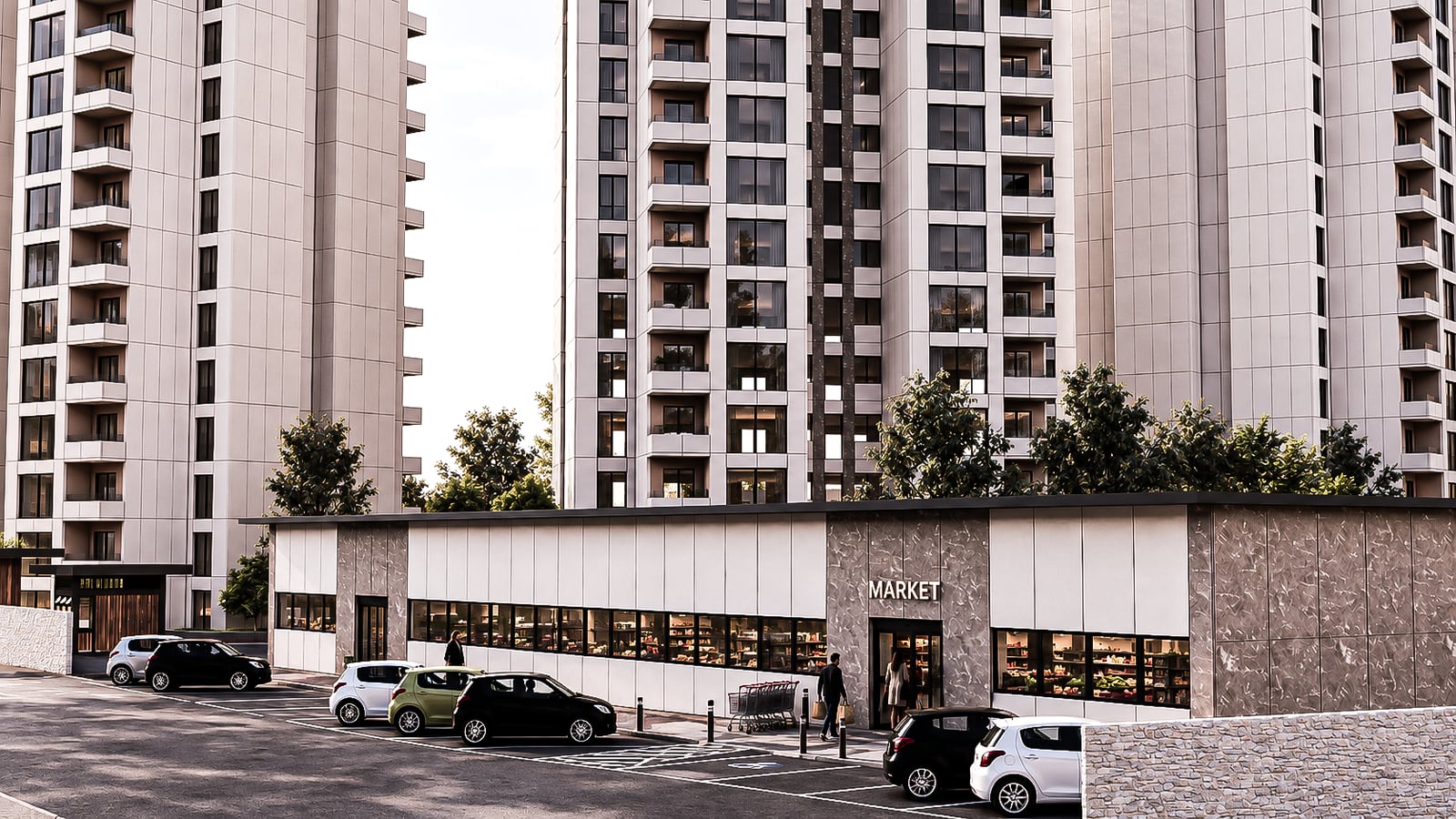 Araçların park ettiği, zemin katında marketli kuleler