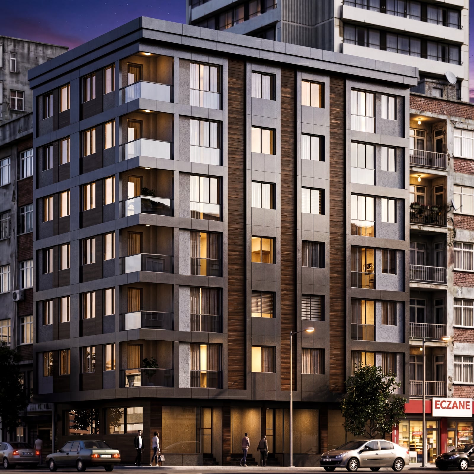Lit windows and balconies on a dark residential facade at dusk