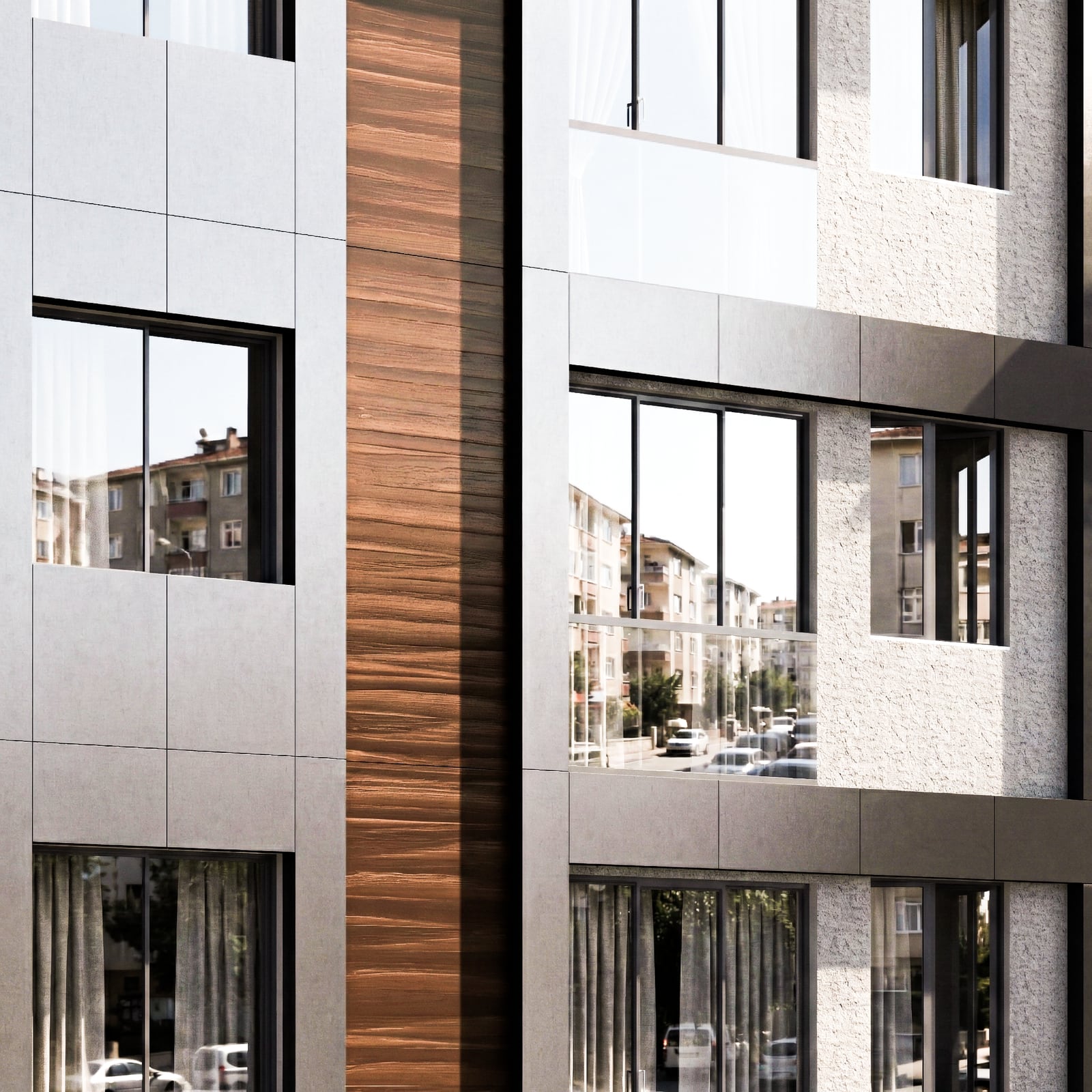 Close detail of panels, timber strips and large glazing