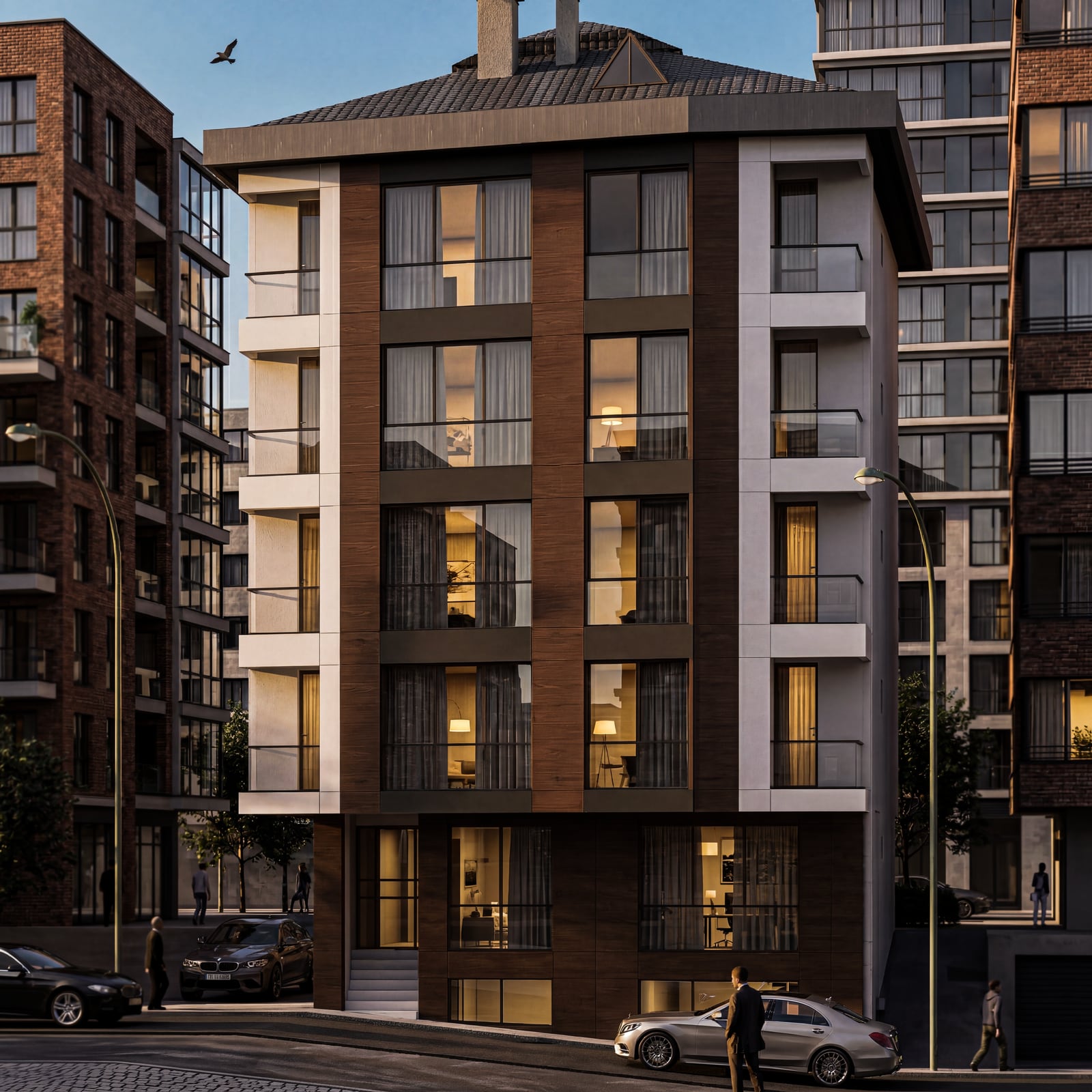 Dark brick and timber facade with warm glowing windows