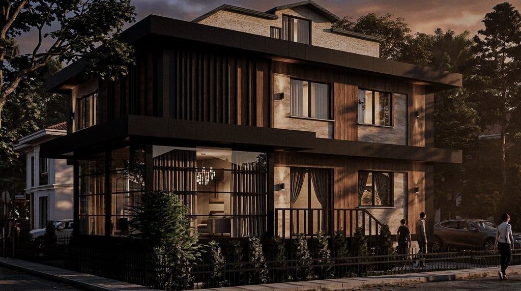 Two-storey house with timber slats and lit windows at sunset, people on the street