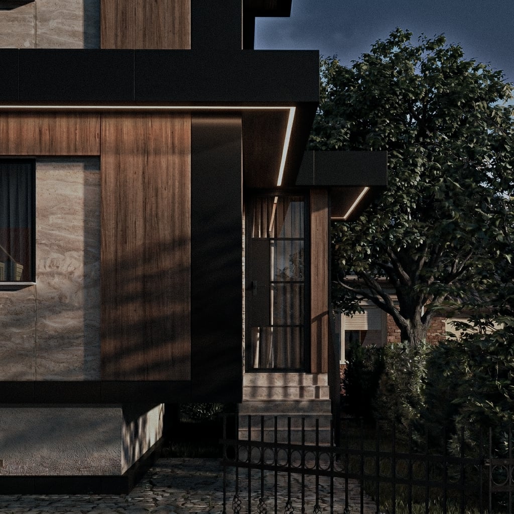 Entrance corner with timber cladding under a dark cantilevered frame