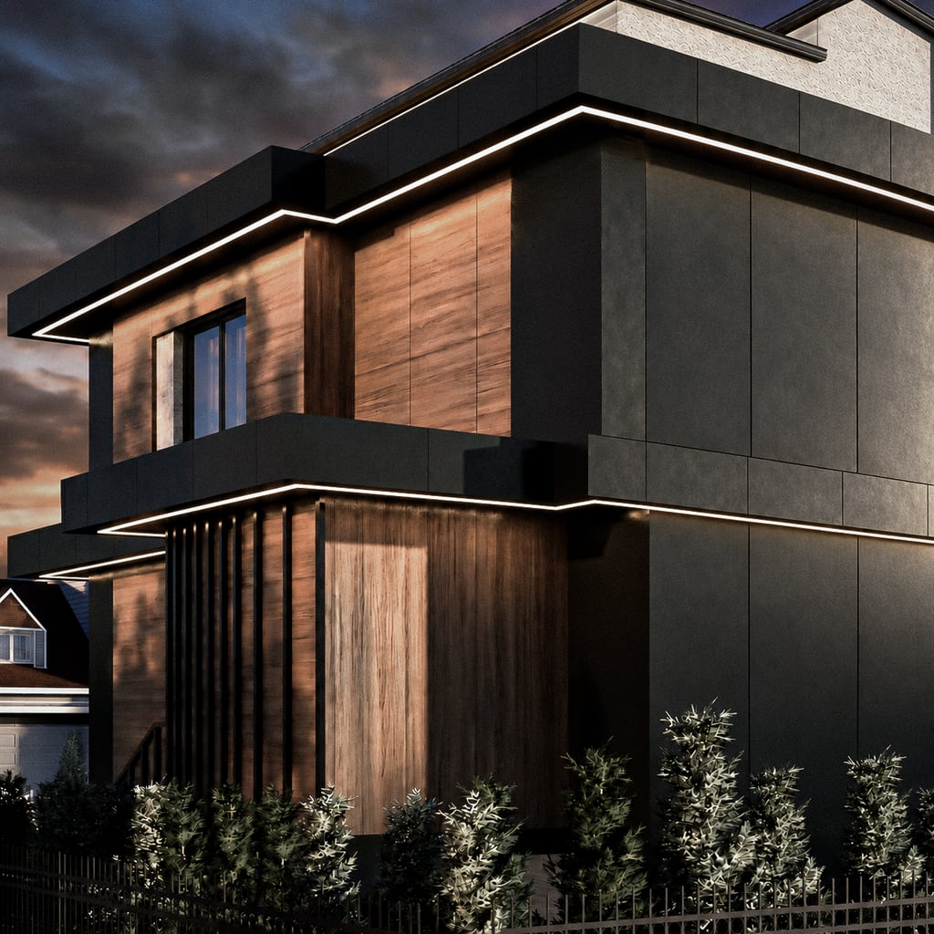 Upper storey corner in timber and dark panels against an evening sky