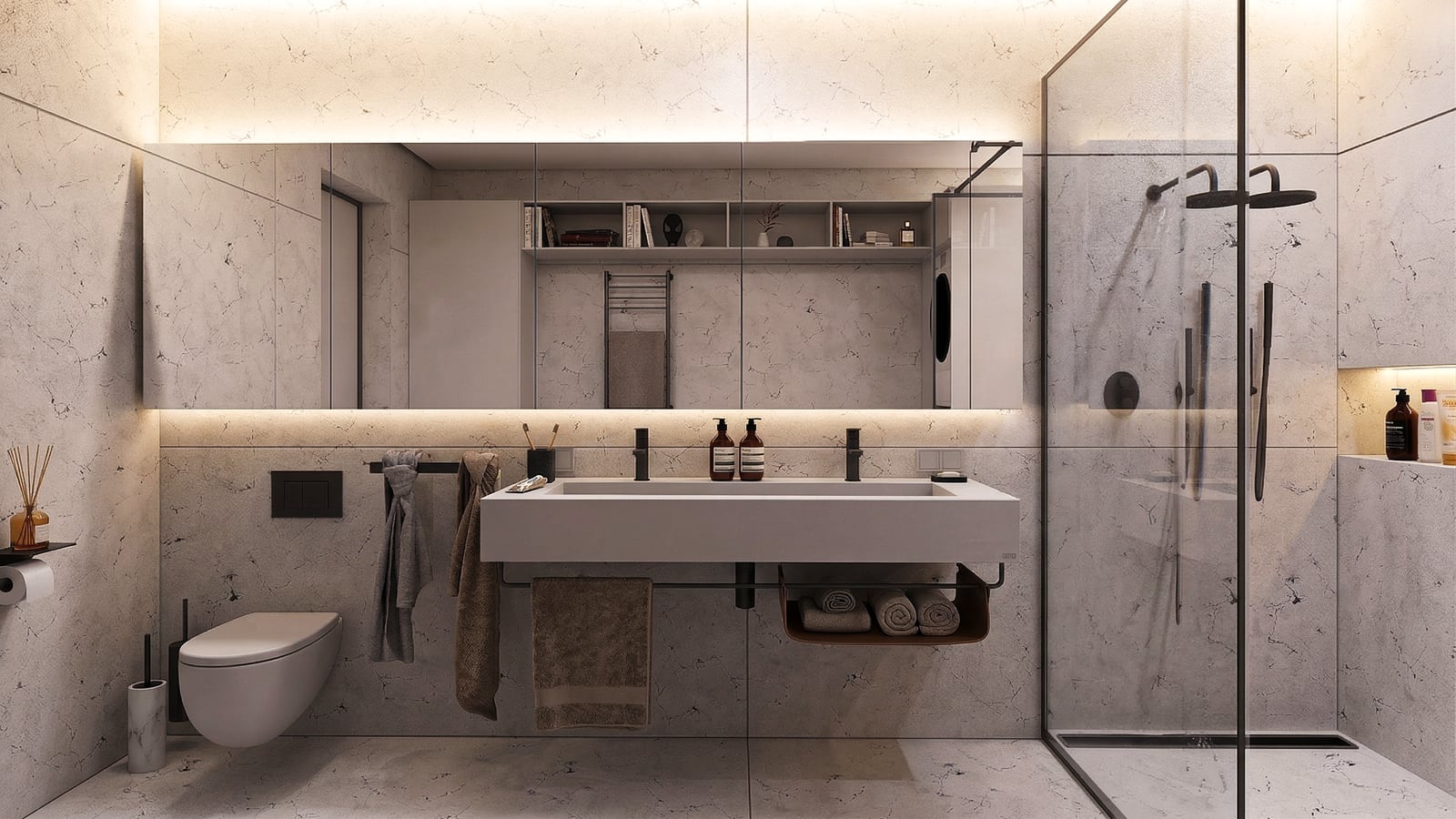 Bathroom in pale stone with a wall-hung basin
