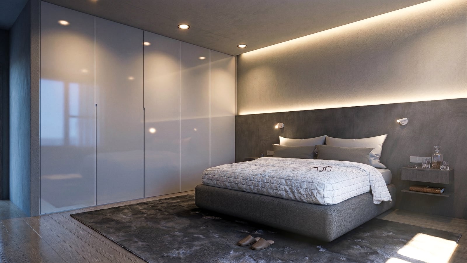 Bedroom with lacquered wardrobe and indirect light